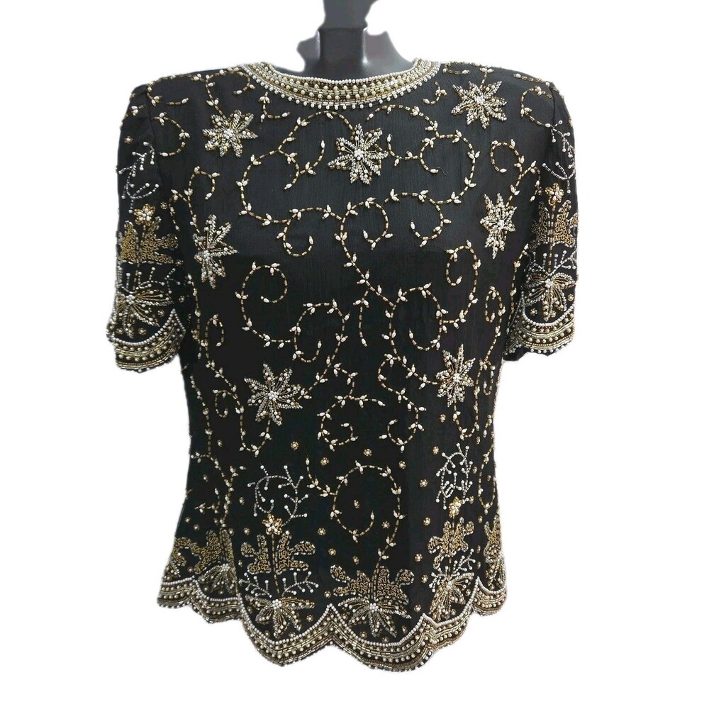 Laurence Kazar Blouse Black Silk Beaded Gold Pearl Floral Top Women Sz Large
